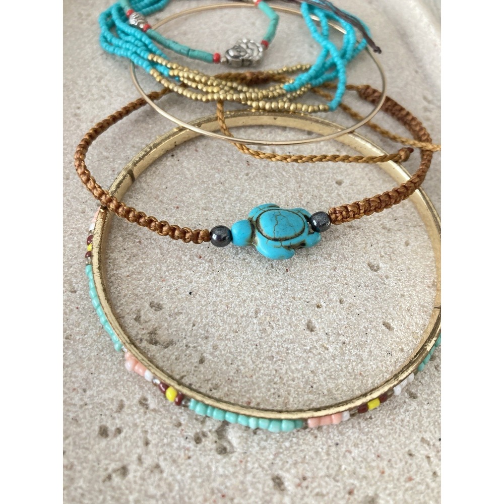 Mixed Bohemian Bracelets Set Of 5 Teal Blue Beaded Bangle Cord Stacking Layering - Picture 6 of 7